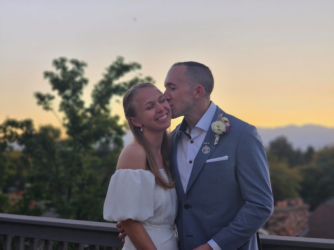 Adam and Erin at sunset on their wedding day